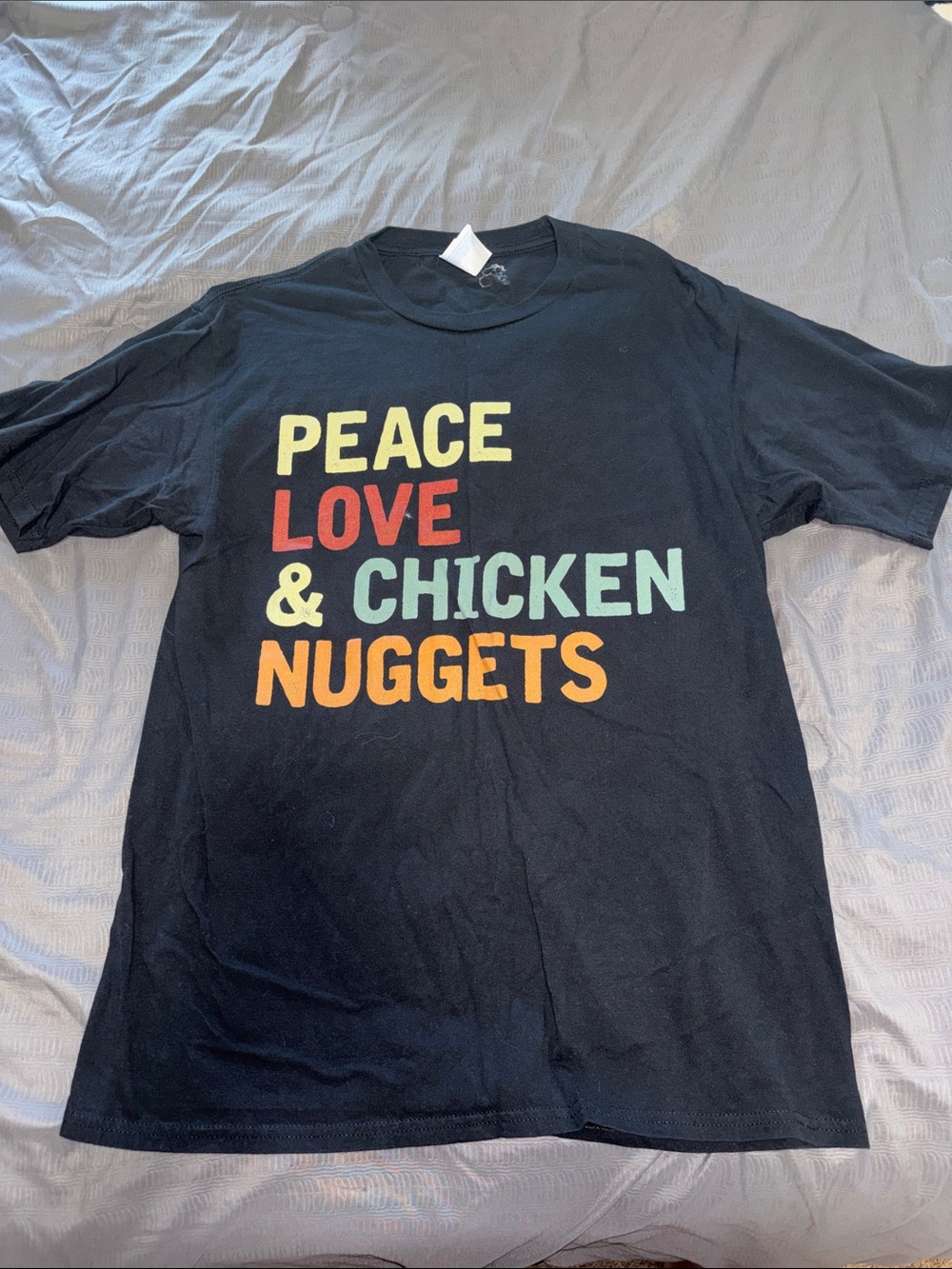 Port and Company Black Tee with Multicolor "Peace Love & Chicken Nuggets" Print